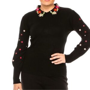 Aaeda Embroidered Floral Collar Pullover Knit Sweater in Black NWT! size Large